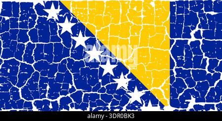Illustration of the national flag of Bosnia and Herzegovina painted on a cracked wall. Grunge distressed style background with official Bosnian blue and yellow colors with stars. Stock Vector