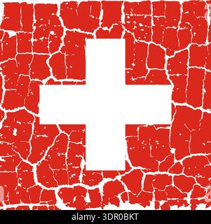 Illustration of the national flag of Switzerland painted on a cracked wall. Grunge distressed style background with official Swiss red color and white cross. Stock Vector