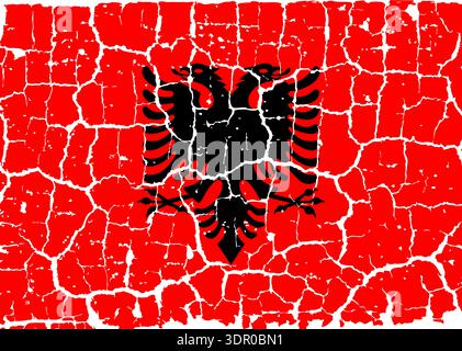 Illustration of the national flag of Albania painted on a cracked wall. Grunge distressed style background with official Albanian red color with black double headed eagle. Stock Vector