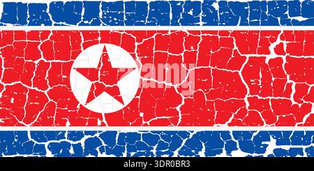 Illustration of the national flag of North Korea DPRK painted on a cracked wall. Grunge distressed style background with official Korean blue, red, and white colors with star. Stock Vector