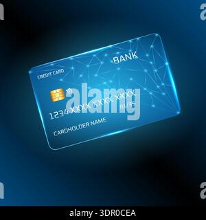 Transparent blue credit card with digital network overlay, featuring chip and contactless payment symbol on dark background. Stock Vector