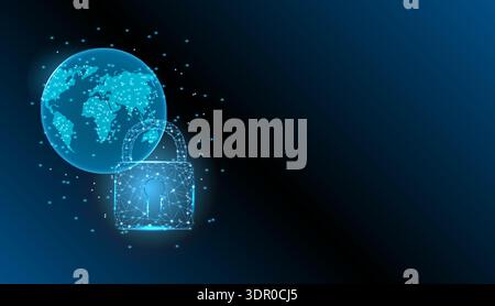 Holographic blue world map integrated with digital padlock symbol representing global cybersecurity and data protection. Stock Vector