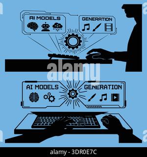 AI Models and Generative Technology Concept Vector Illustration with Computer User Creating Digital Content Stock Vector