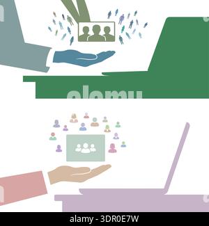 Online Community and Customer Network Concept Vector Illustration with Business Hand and Laptop Stock Vector