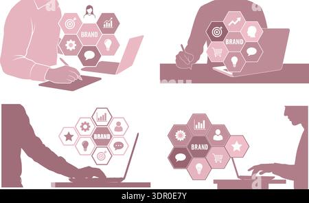 Brand Strategy and Digital Marketing Concept Vector Illustration with Business Professionals Working on Laptop Stock Vector