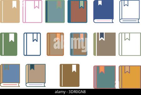 Colorful Book Cover and Bookmark Icon Collection Vector Set Isolated on White Background Stock Vector