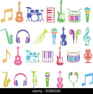 Colorful Music Instrument Icons Collection with Guitars, Drums, Microphones and Headphones Vector Set Stock Vector