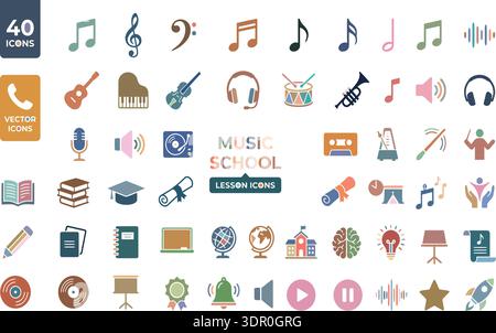 Music School Lesson Vector Icons Set with Instruments Education and Audio Symbols Stock Vector