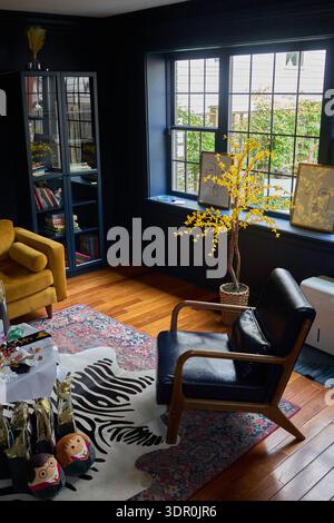 Moody interior with blue walls Stock Photo