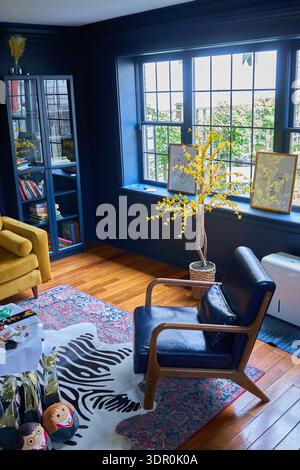 Moody interior with blue walls Stock Photo