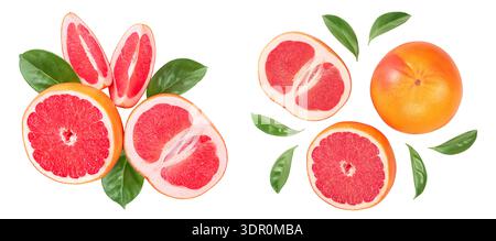 Grapefruit and slices with leaves isolated on white background. Top view. Flat lay Stock Photo