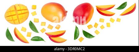Mango fruit half with slices isolated on white background. Set or collection. Top view. Flat lay Stock Photo