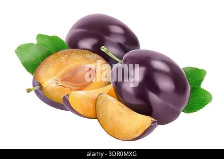 fresh purple plum and slices with leaves isolated on white background with full depth of field Stock Photo