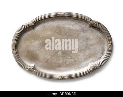 empty old metal silver plate isolated on white background, top view Stock Photo