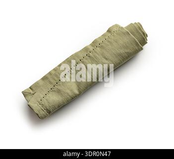 pastel green linen napkin roll isolated on white background Stock Photo