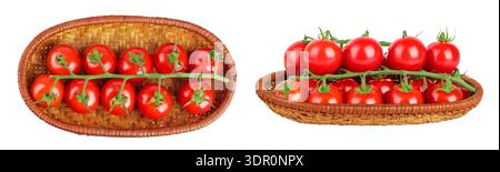 Cherry tomato bunch in a wicker basket isolated on white background. Top view. Flat lay Stock Photo
