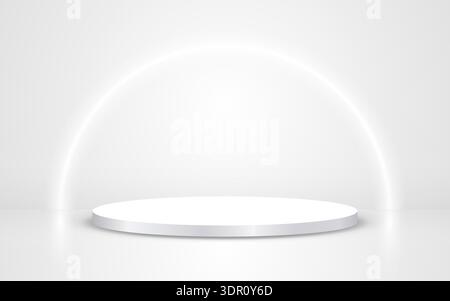 Podium white background. Round stage with glowing ring. Studio platform template. Advertising pedestal with light. 3d award place with soft shadow and Stock Vector