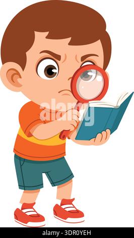 Focused Boy Holding Magnifying Glass and Book Flat Cartoon Character Stock Vector