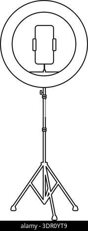 Ring light around a cell or mobile phone holder on a tripod for selfies, videos or live streaming outline vector Stock Vector