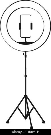 Ring light around a cell or mobile phone holder on a tripod for selfies, videos or live streaming black silhouette vector Stock Vector