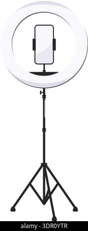 Ring light around a cell or mobile phone holder on a tripod for selfies, videos or live streaming vector Stock Vector