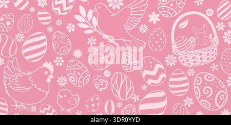 Pink background with white Easter eggs, bunnies, and flowers, creating a festive and playful atmosphere. Stock Vector