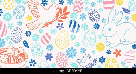 Pastel-colored Easter background with eggs, bunny, bird, flowers, and leaves in shades of pink, blue, yellow, and orange on a white background. Stock Vector