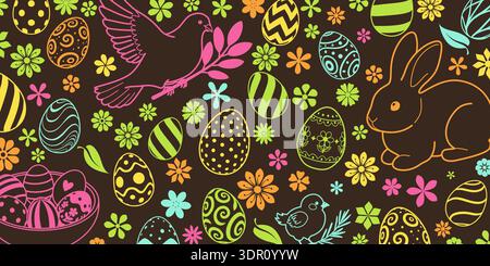 Brown background with colorful eggs, flowers, bunny, and bird in shades of pink, orange, green, and yellow. Stock Vector
