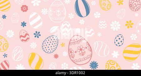 Easter background with colorful eggs and flowers on soft pink, featuring white, yellow, blue, and red hues. Stock Vector