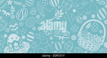 Easter background with white eggs, bunnies, and flowers on light blue, pastel colors, festive holiday design. Stock Vector