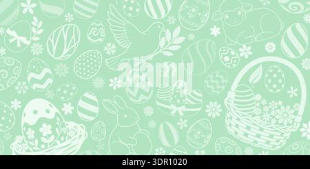 Easter background with white eggs, bunnies, and flowers on a light green background with pastel colors. Stock Vector