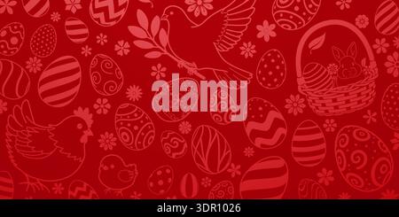 Red Easter background with eggs, bunnies, and birds in light red. Stock Vector