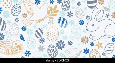 Easter background with blue, gold, and white eggs, flowers, bunny, and bird on white. Stock Vector