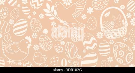 A peach-colored Easter-themed background with white illustrations of eggs, bunnies, birds, and flowers, creating a festive and playful atmosphere. Stock Vector