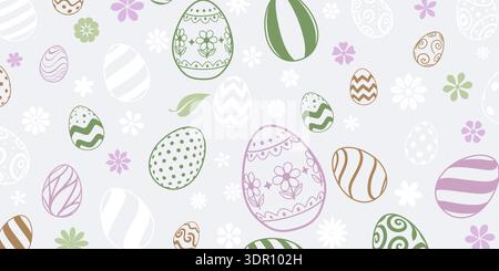 Easter background with colorful eggs, green, purple, brown, and white flowers on light gray. Stock Vector