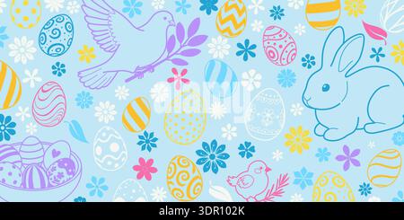 Easter background with colorful eggs, bunny, bird, flowers on light blue, pastel colors, whimsical design. Stock Vector