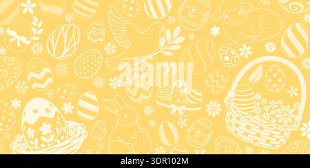 Easter background with white eggs, bunnies, and flowers on a bright yellow background, creating a festive and cheerful atmosphere. Stock Vector