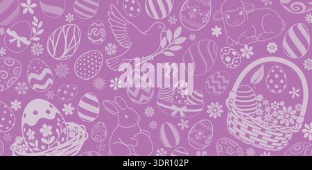 Easter background with white eggs, flowers, basket, bunny, lamb, bird on purple. Stock Vector