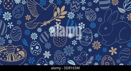 Easter background with eggs, flowers, bunny, and bird in shades of blue and gold on dark blue background. Stock Vector