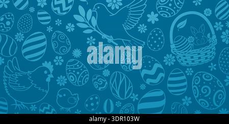 Easter background with blue eggs, bunnies, birds, and flowers in various patterns and designs on a solid blue background. Stock Vector