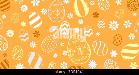 Easter background with white, yellow, and brown eggs, flowers on orange. Stock Vector