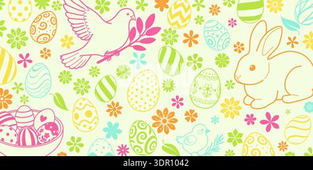 Easter background with pastel colors, eggs, bunny, bird, flowers on cream. Stock Vector