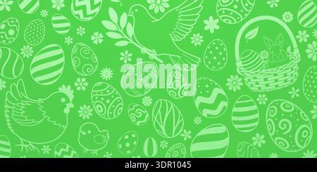 Bright green background with white easter eggs, chickens, birds, flowers and basket with bunny. Stock Vector