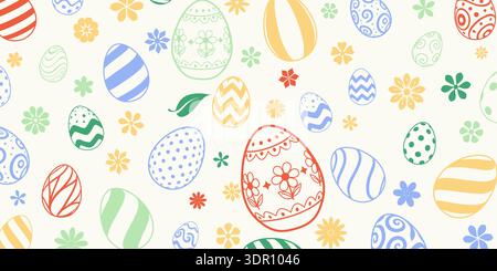 Colorful Easter eggs and flowers on cream background with blue, green, yellow, orange and red hues. Stock Vector