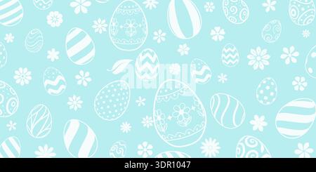 Light blue Easter background with white eggs and flowers, various patterns. Stock Vector