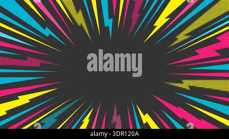 Comic Lightning Burst Frame with Neon Rays and Halftone Dots on Dark Background. Retro Pop Art Border with Copy Space for Posters, Banners, Ads. Manga Expression Speed Lines. Vector Illustration Stock Vector