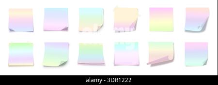 Pastel Gradient Sticky Notes Set with Soft Rainbow Colors, Realistic Paper Sheets and Curled Corners for Reminder, Memo, Planning Creative Design Pages Mockup. Front View. Vector Illustration Stock Vector