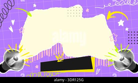 Two Megaphones Rough Paper Frame Copy Space on Bright Pop Art Retro Collage Poster Background for Social Media Alarm Message, Trendy Announcement or Event Promotion. Vector Illustration Stock Vector