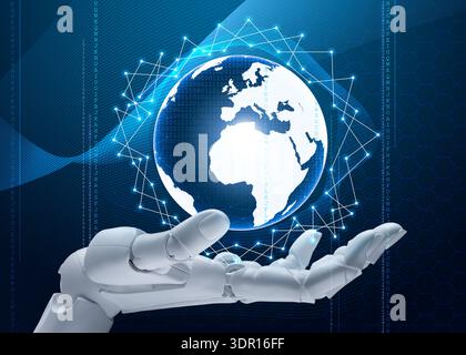 Robot hand holding virtual globe on dark background. Artificial intelligence in global development Stock Photo