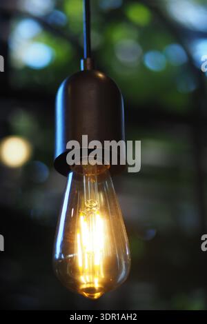 Light bulb hanging in a cafe on a sunny day Stock Photo